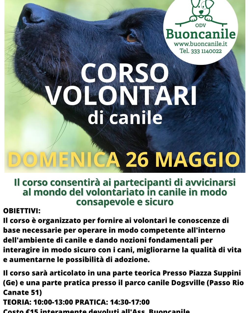 Corso per volontari di canile, 26 maggio Genova